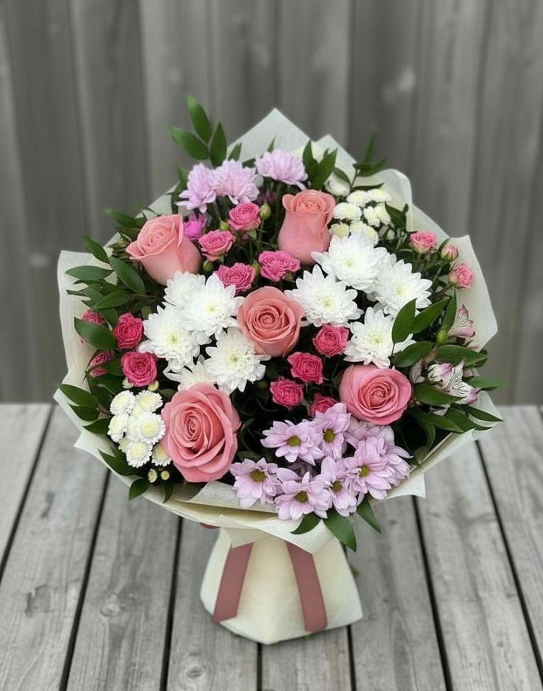 Букет цветов из: Альстромерии, Гвоздики, Розы и Хризантемы в Котельниково