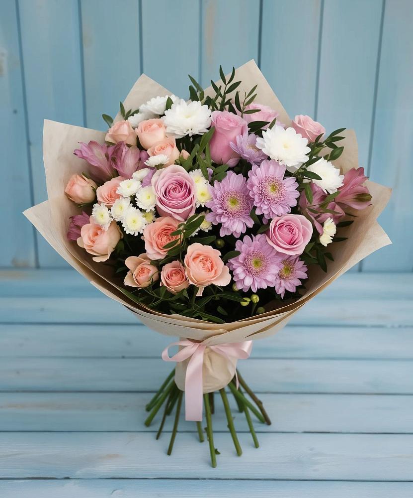 Букет цветов из: Хризантемы, Розы и Альстромерии в Котельниково