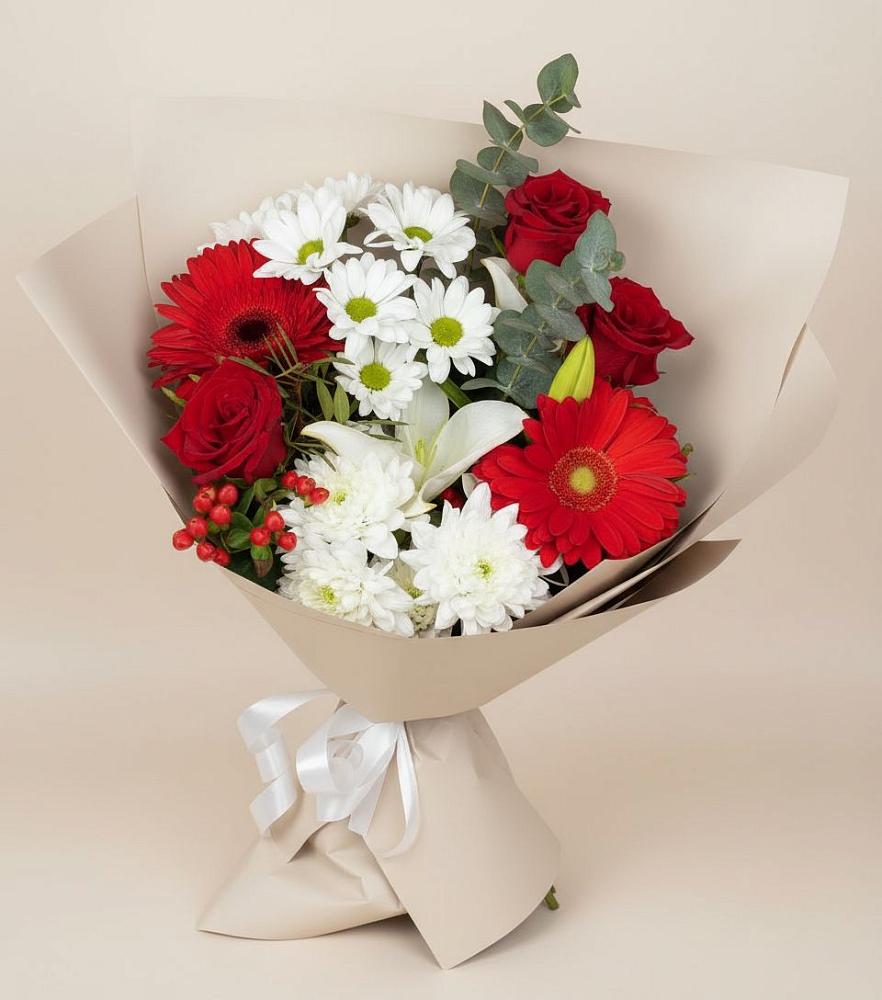 Букет цветов из: Розы, Хризантемы, Герберы и Лилии в Котельниково